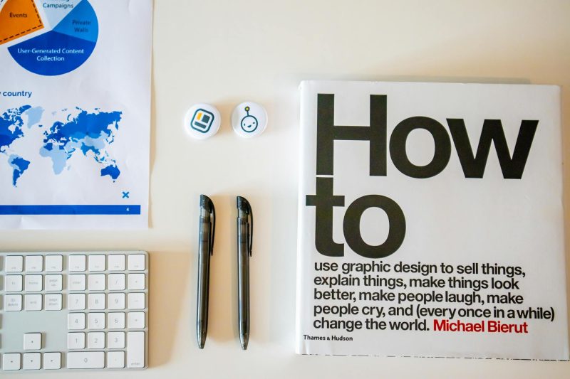 Flat lay of a creative workspace with 'How To' book, chart, pens, and keyboard in minimalist style.