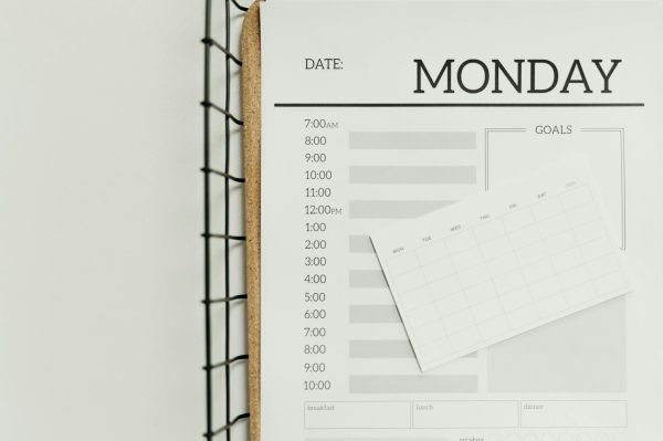 Top view of a minimalist schedule planner with Monday header. Perfect for organizing daily tasks with goals section.